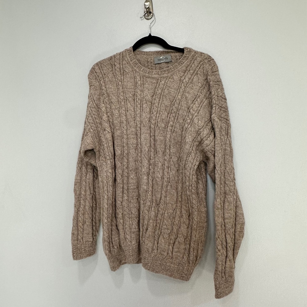Natures Network Mens 100 Alpaca Cable Knit Sweater L Tan Made In Peru (sm hole)